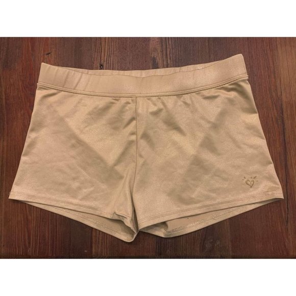 Justice active gold spandex shorts, size 18, small snag (bin G) - Picture 1 of 5